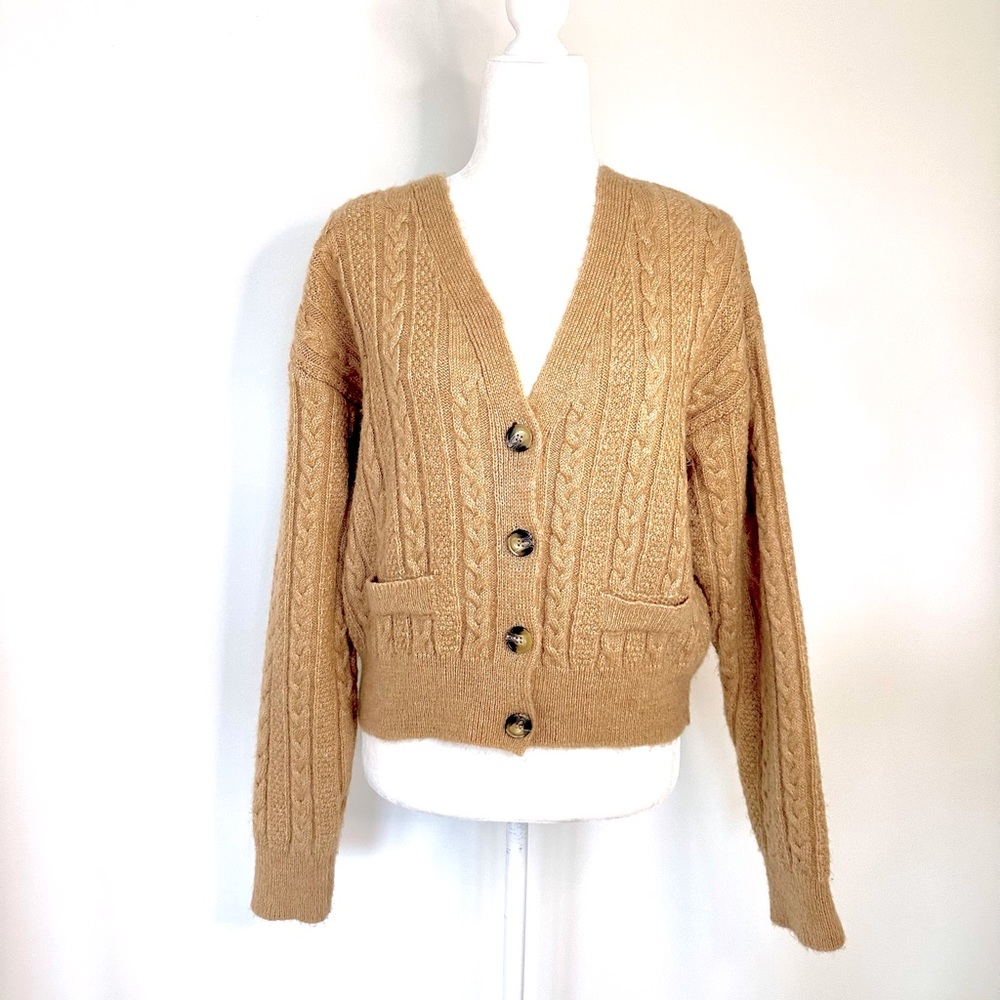 Zara Tan Cable Knit Button Up Cardigan Sweater